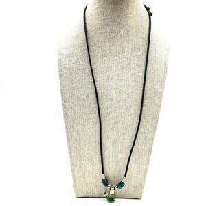 Green Glass Pendant Necklace Black Cord Adjustable Boho Handmade Style Signed